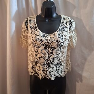 Forever 21 Black and White Cropped Embellished Blouse